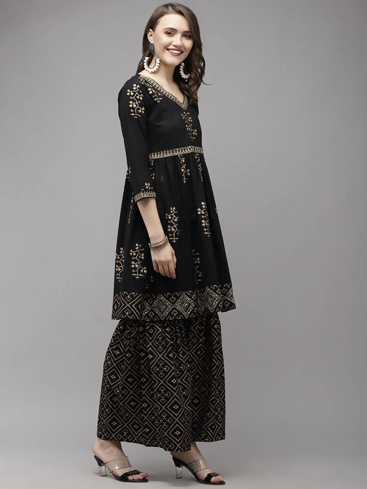 Yufta Women Black Printed Kurta with Sharara & With Dupatta | Grocsy