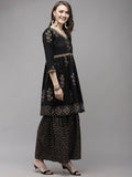 Yufta Women Black Printed Kurta with Sharara & With Dupatta | Grocsy
