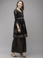 Yufta Women Black Printed Kurta with Sharara & With Dupatta | Grocsy