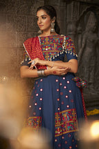 Blue Viscose Rayon Thread Embroidered Navratri Lehenga Choli with Dupatta - Raas | Grocsy