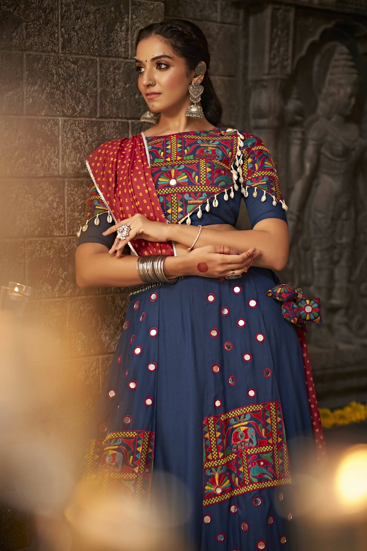 Blue Viscose Rayon Thread Embroidered Navratri Lehenga Choli with Dupatta - Raas | Grocsy