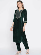 Women Republic Green Velvet Embroidered Kurta With Pant | Grocsy