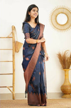 DEIANA'S Beautiful Designer Golden zari Soft Lichi Silk Saree - Navy Blue | Grocsy
