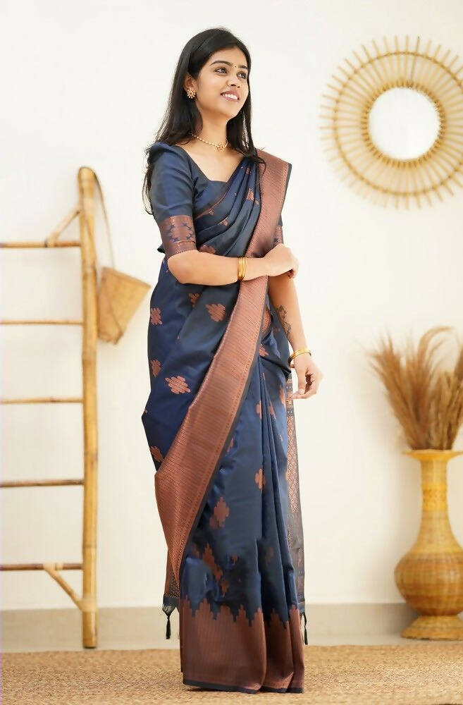 DEIANA'S Beautiful Designer Golden zari Soft Lichi Silk Saree - Navy Blue | Grocsy