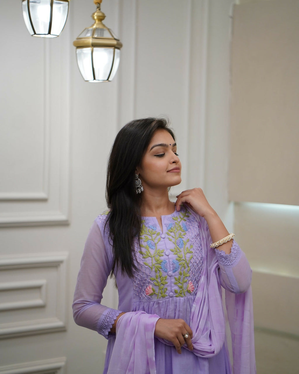 The52 Women's Beautiful Georgette Fabric Thread Work Flared Kurta Pant and Dupatta Set | Grocsy