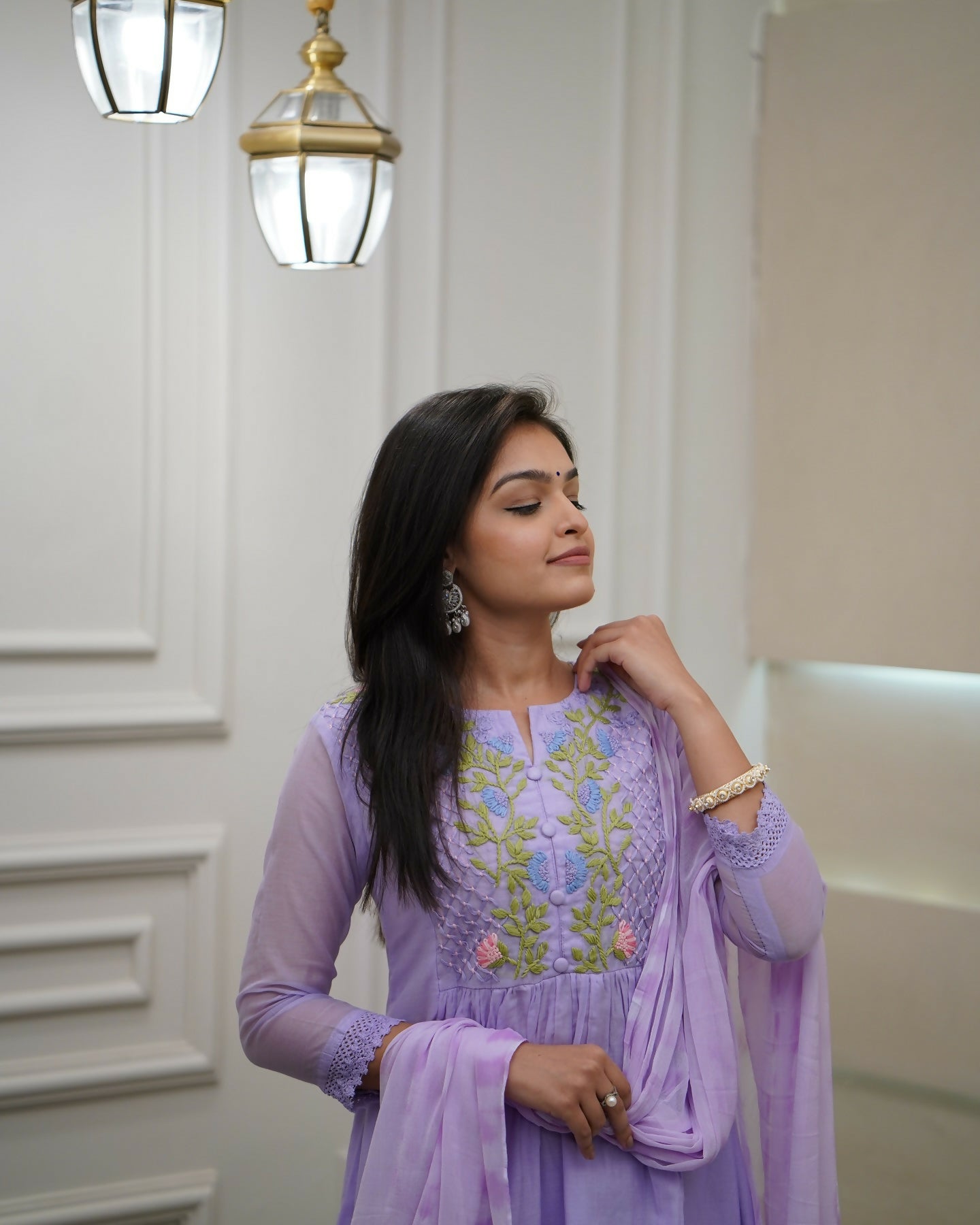 The52 Women's Beautiful Georgette Fabric Thread Work Flared Kurta Pant and Dupatta Set | Grocsy