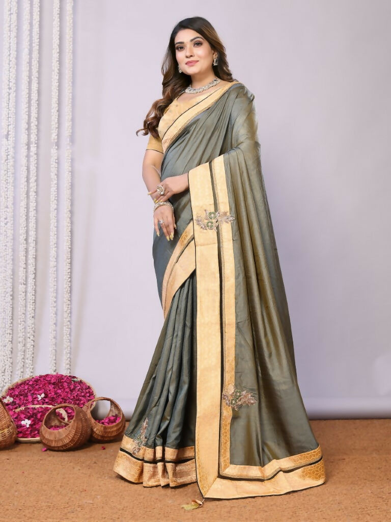 Olive Tusser Silk Resham Cord And Sequins Embroidery Handwork Butta Saree - Norita Saumya | Grocsy