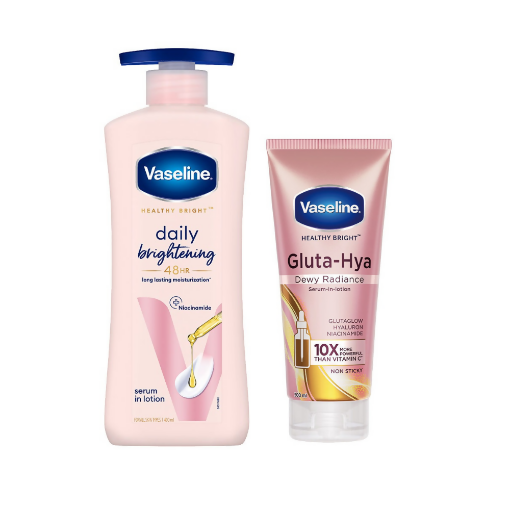 Vaseline Healthy Bright Daily Brightening Body Lotion & Gluta-Hya Dewy Radiance Serum-In-Lotion Combo | Grocsy