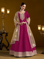 Anaita Rani Pink Embroidered Jacquard Chanderi Anarkali Suit | Grocsy