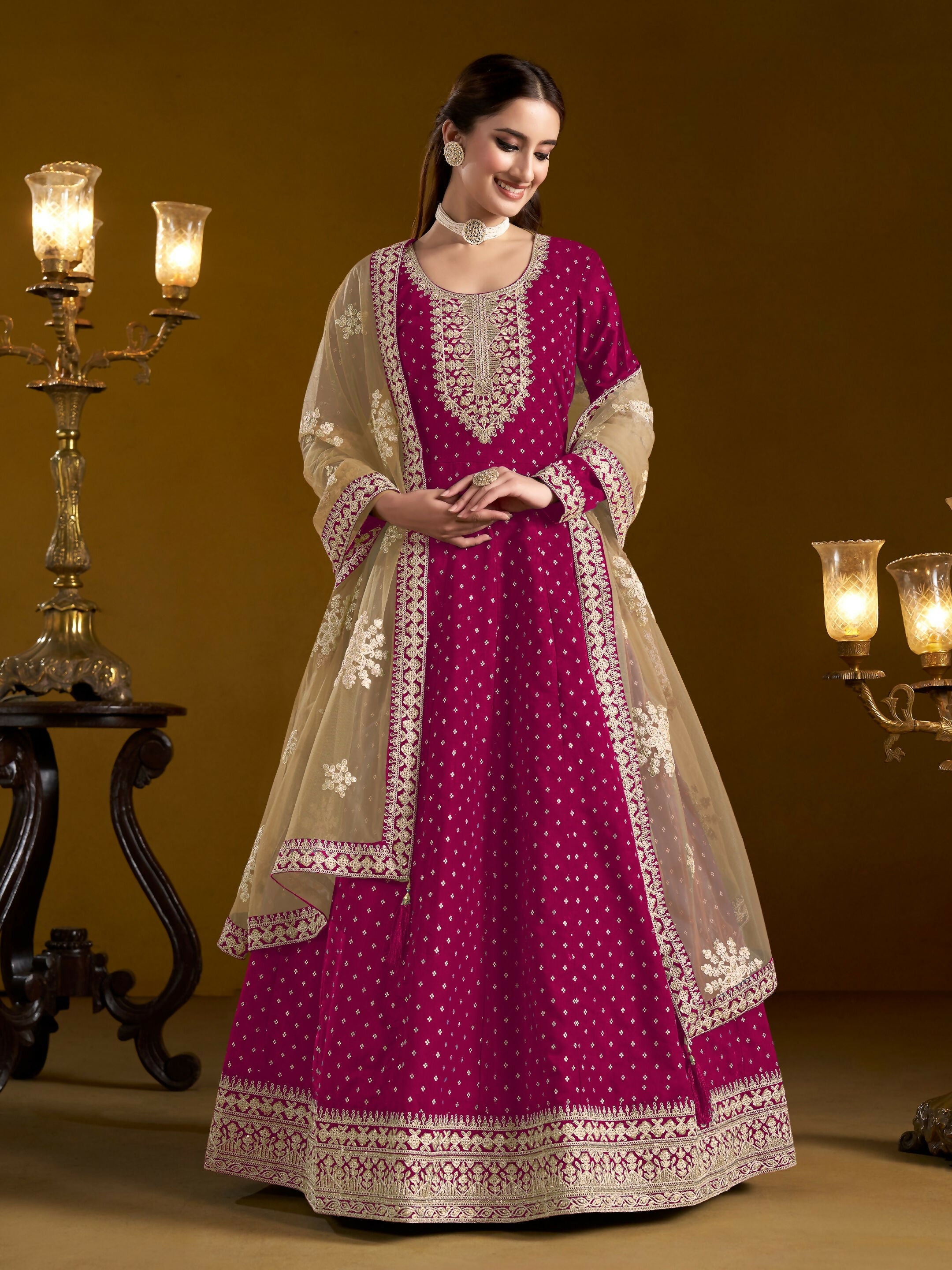 Anaita Rani Pink Embroidered Jacquard Chanderi Anarkali Suit | Grocsy
