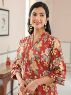 Aramya Straight Kantha Cotton Floral Print Women's Kurta - Red | Grocsy