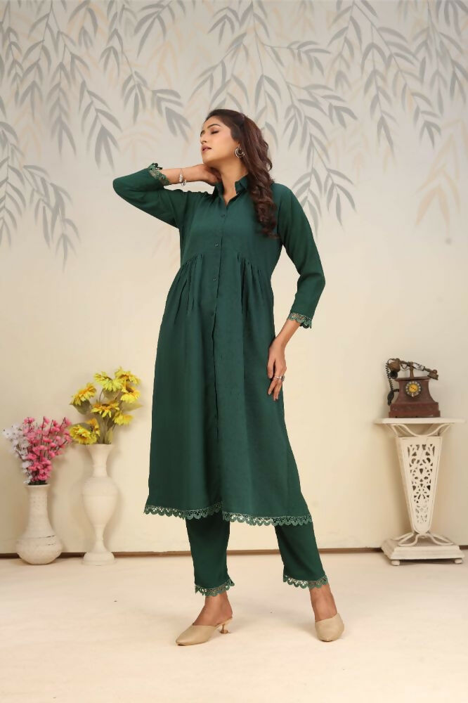 Jyoti Fashion Women's Bottle Green Rinkal Cotton Plain with Side Pocket Kurtis & Sets | Grocsy