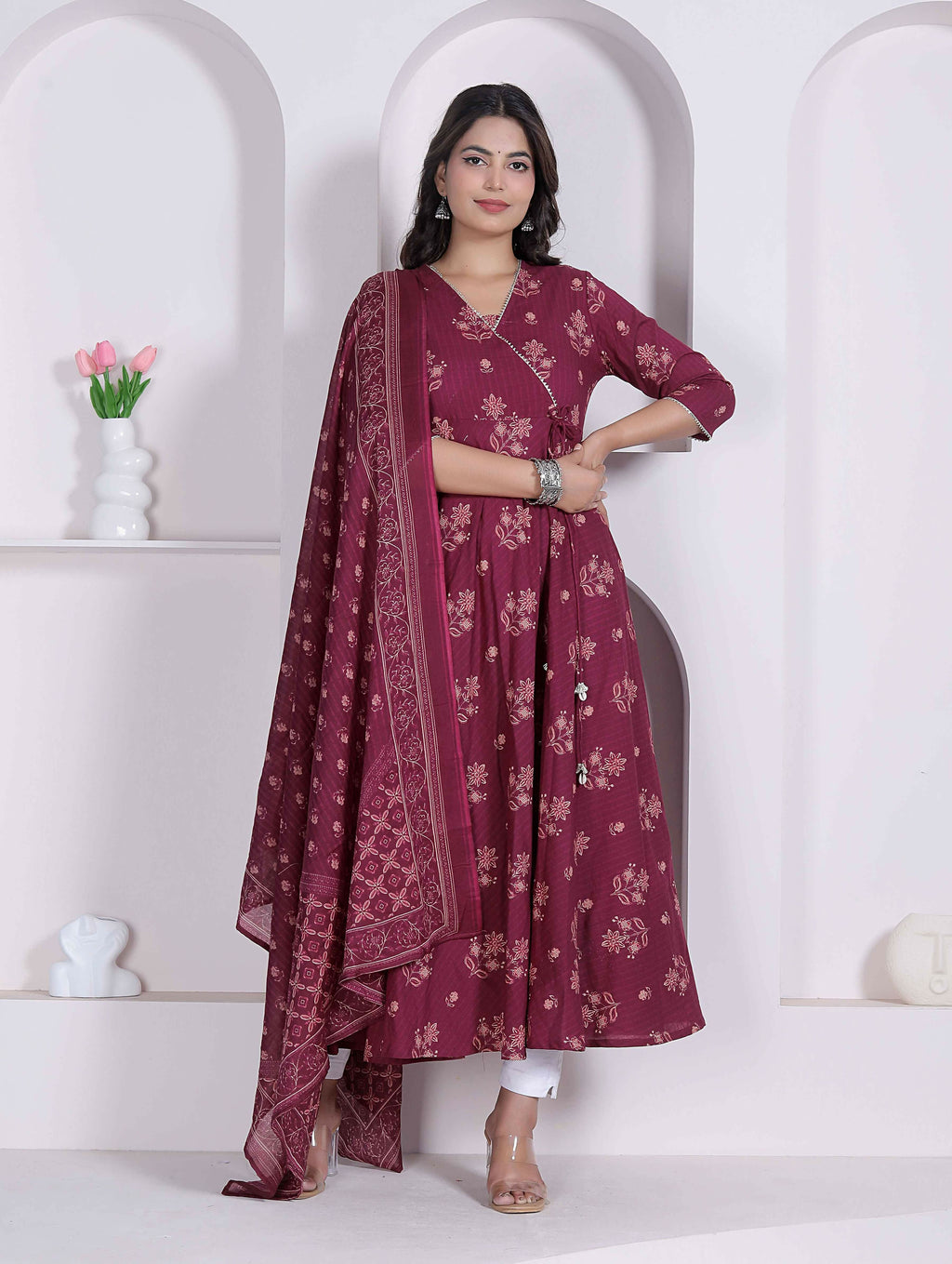 Miravan Womens Maroon Floral Printed Angrakha Pure Cotton Kurta And Dupatta | Grocsy