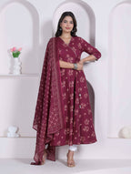 Miravan Womens Maroon Floral Printed Angrakha Pure Cotton Kurta And Dupatta | Grocsy