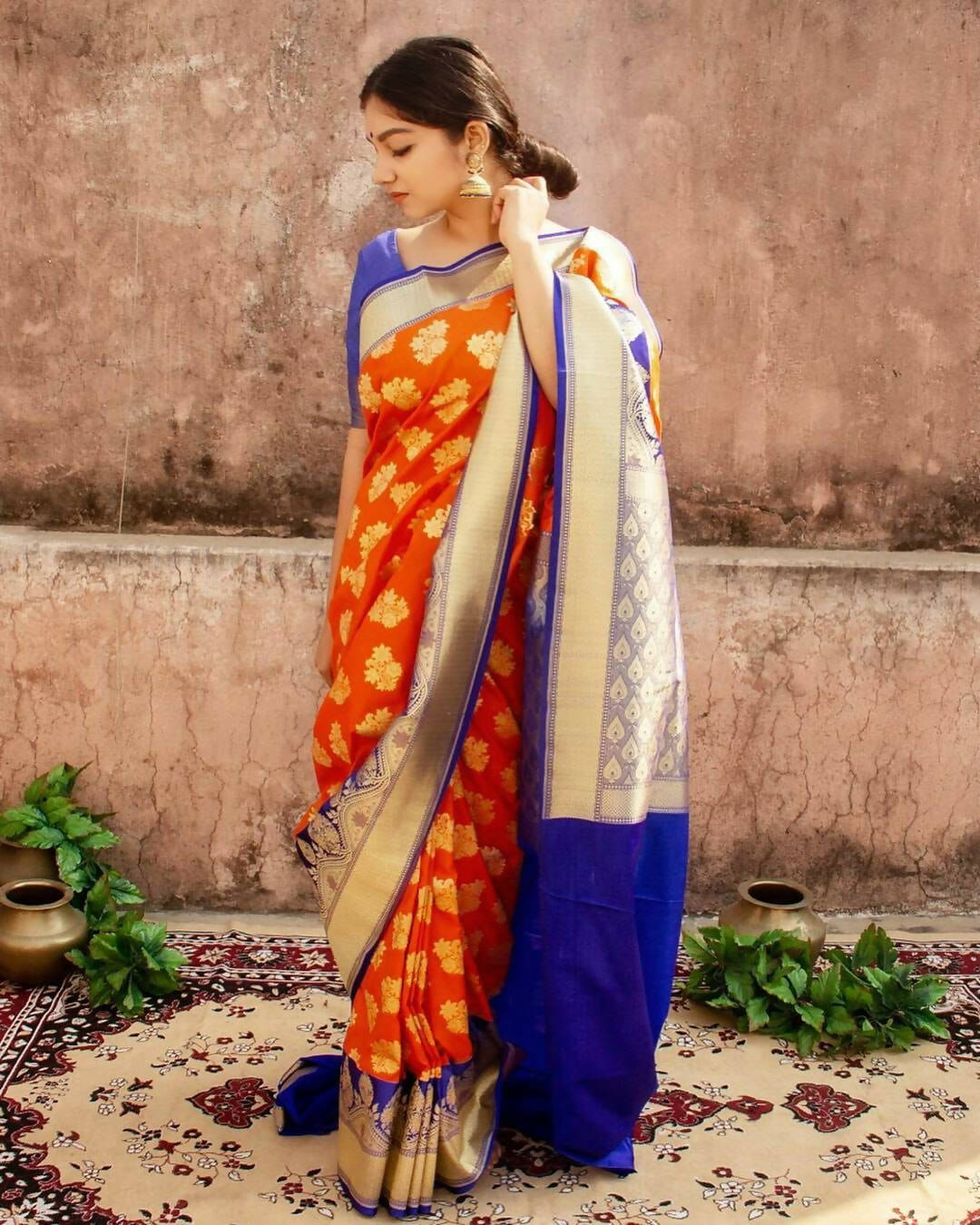 DEIANA'S Beautiful Designer Golden zari Soft Lichi Silk Saree - Orange | Grocsy