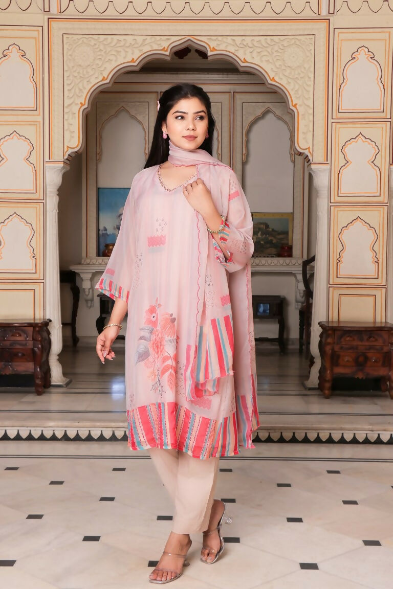 Vaasva Women Beige Tabby Slik Print & Embroidered Kurta, Pant & Dupatta set | Grocsy