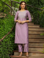 Janasya Lavender Silk Blend Solid Kurta,Bottom & Dupatta | Grocsy