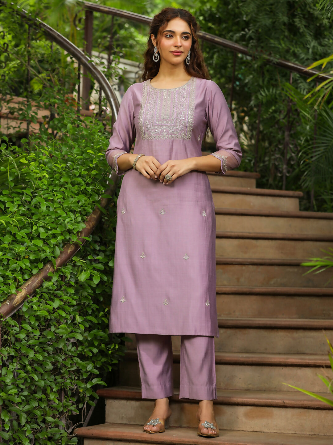 Janasya Lavender Silk Blend Solid Kurta,Bottom & Dupatta | Grocsy