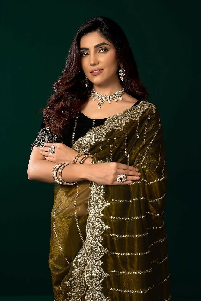 Joban Fashion Mehendi Green Net Party Wear Sarees | Grocsy
