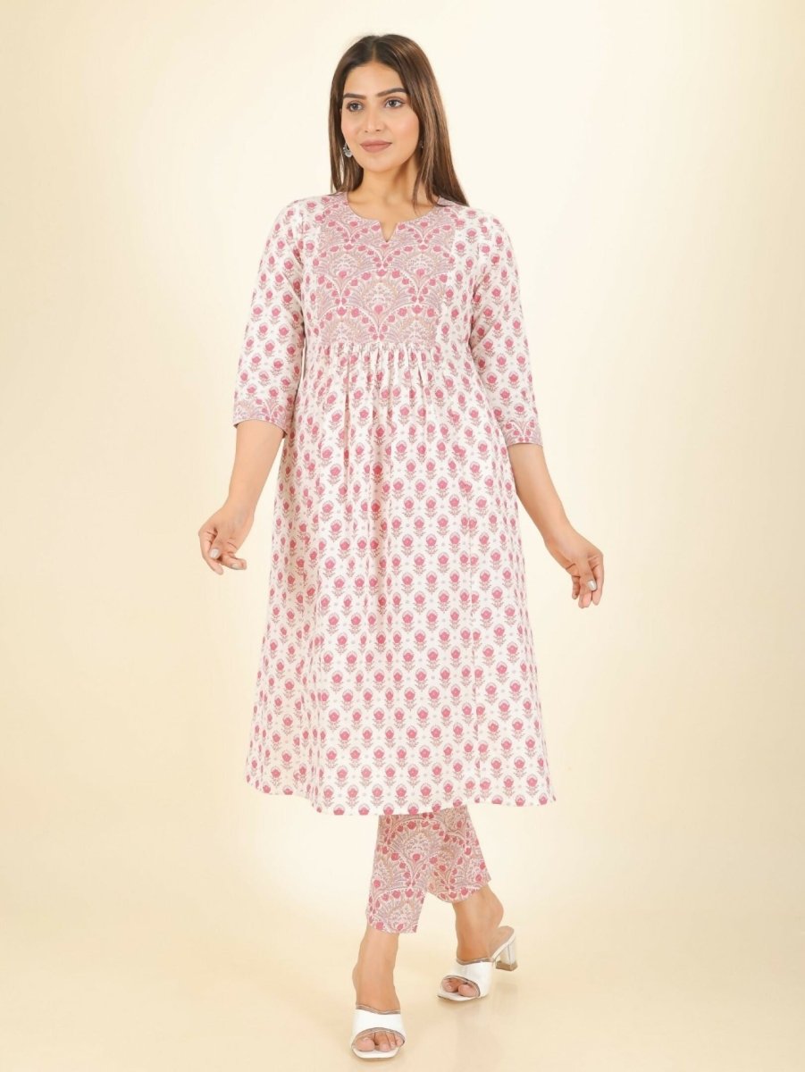 Aramya White Soft Cotton Floral Print Panelled Kurta Set for Women | Grocsy