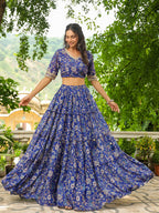 Janasya Blue Georgette Floral Lehenga Choli Dupatta | Grocsy