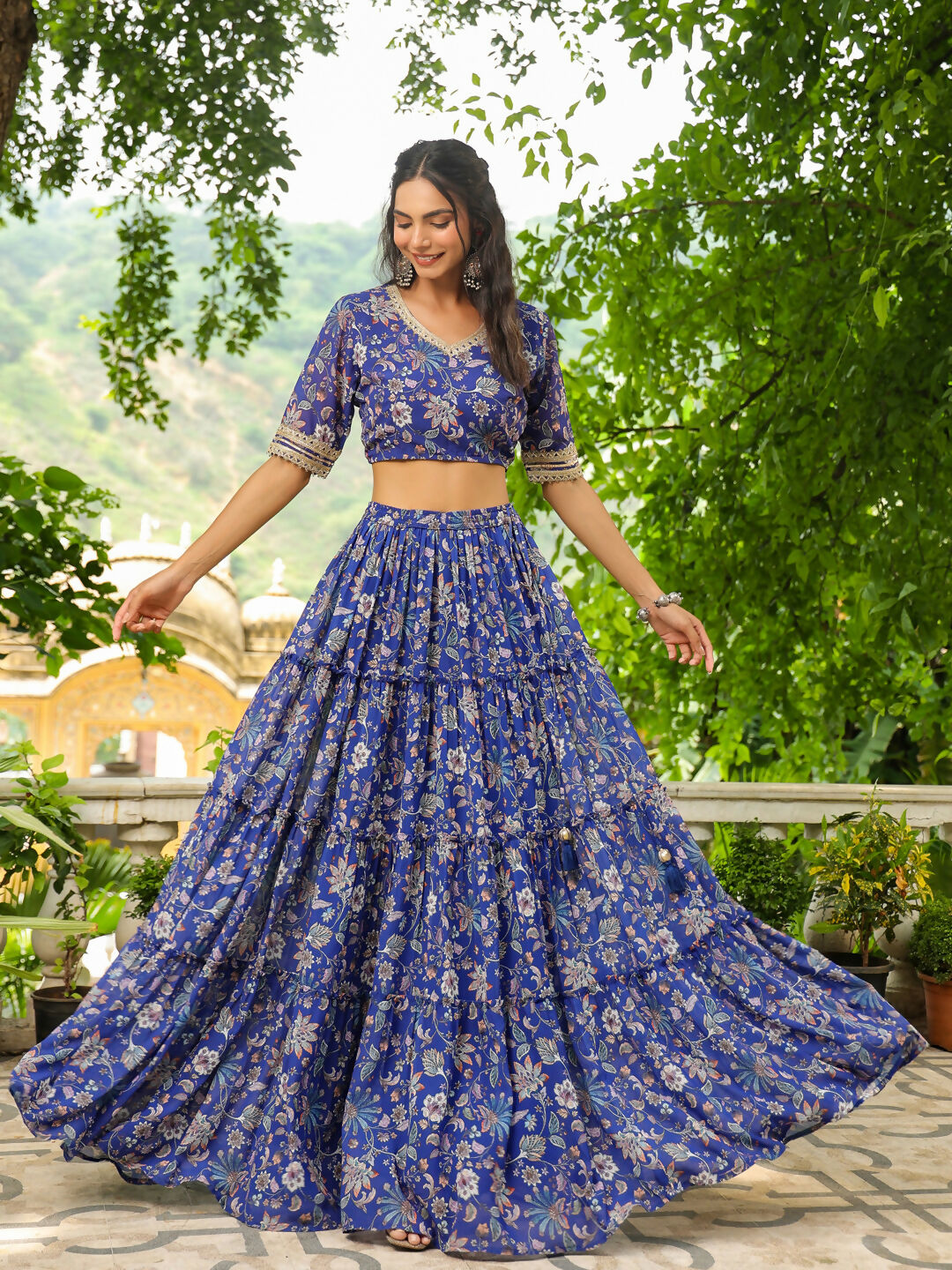 Janasya Blue Georgette Floral Lehenga Choli Dupatta | Grocsy