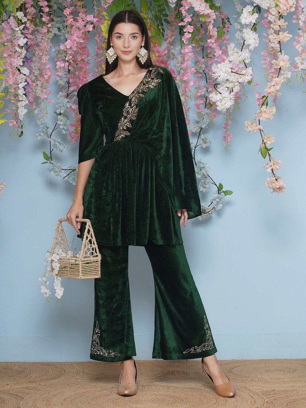 Joban Fashion Green Velvet Hand Embellished Set | Grocsy