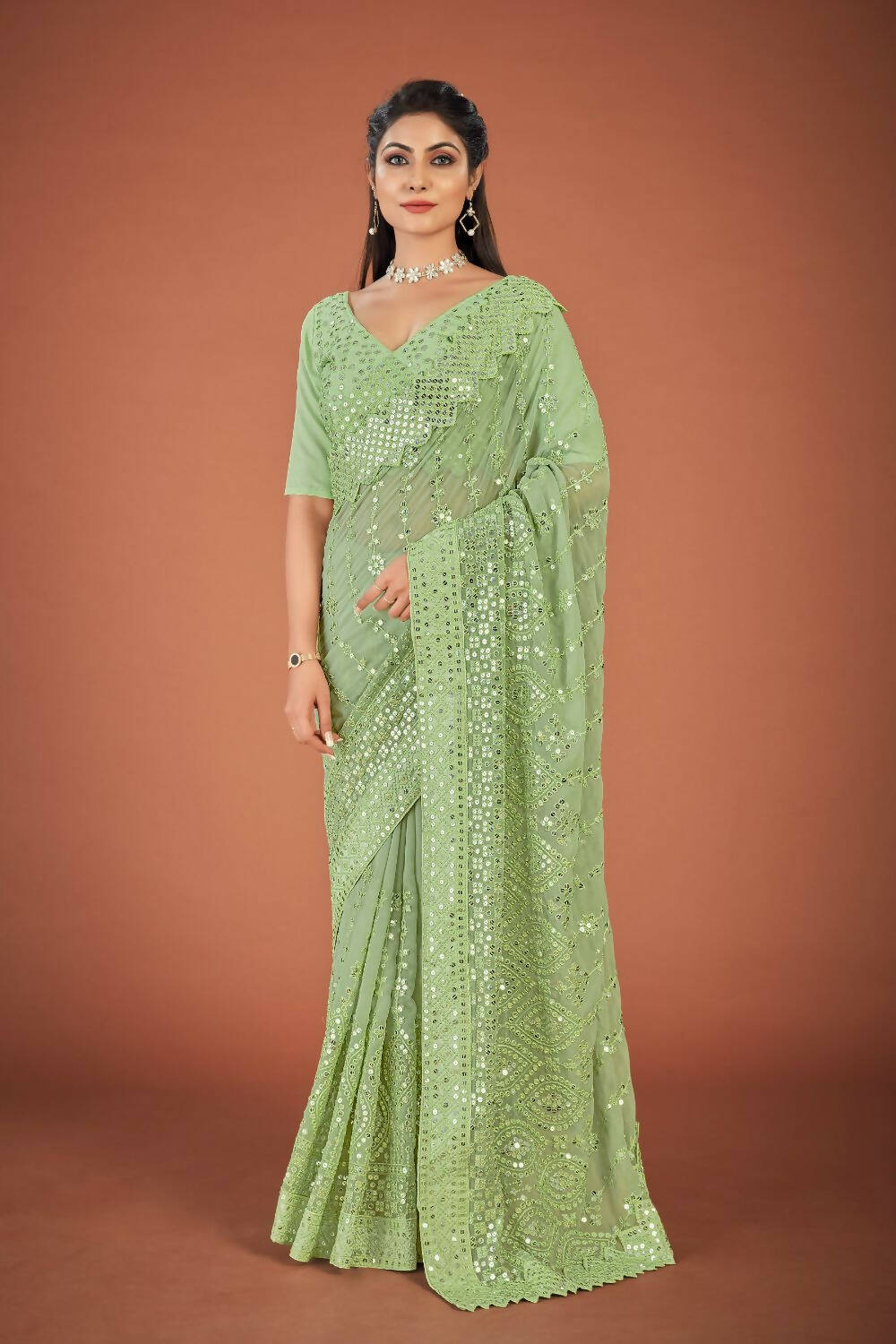 Vamsee Green Georgette Designer Saree | Grocsy