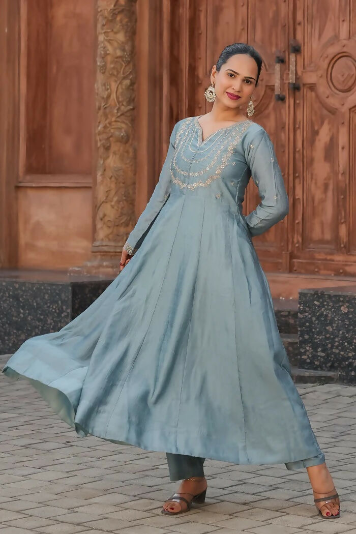 The52 Teal Blue Women's Gorgeous Vichitra Silk Fabric Embroidered Work Flared Anarkali Pant and Dupatta Set | Grocsy