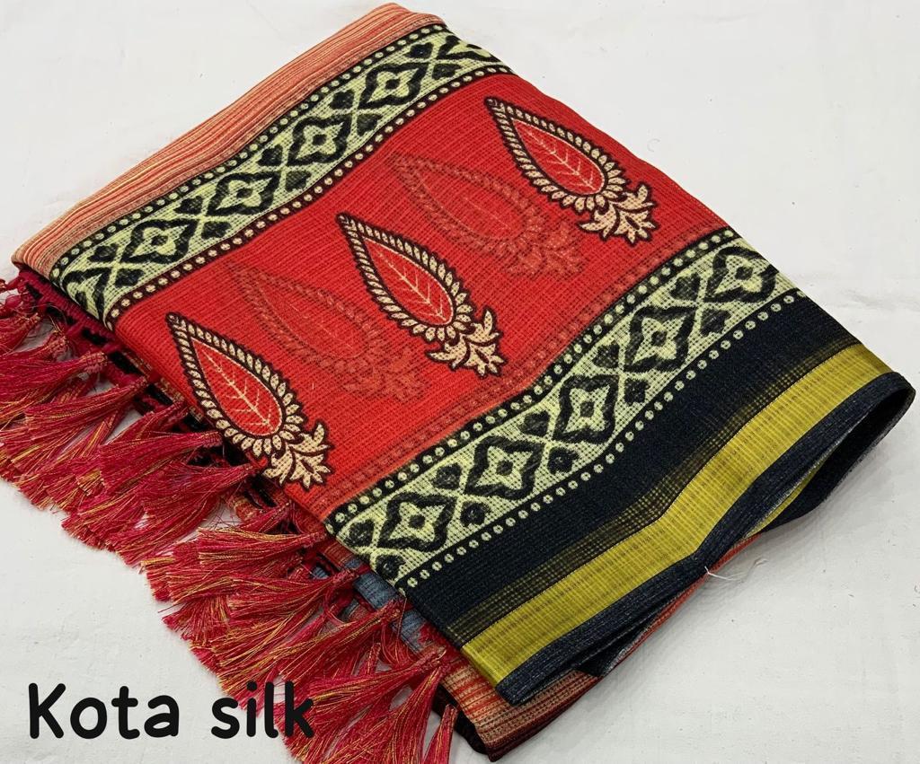 Red Silk Blend Geometric Saree with Unstitched Blouse - Hiral Fashion | Grocsy