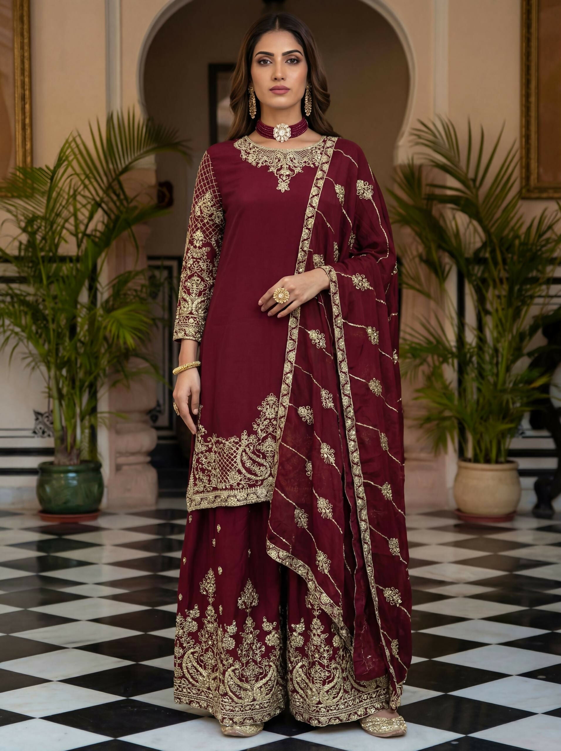 Teeya Creation New Trendy Traditional Wear Sharara with Heavy Border Dupatta Set - Maroon | Grocsy