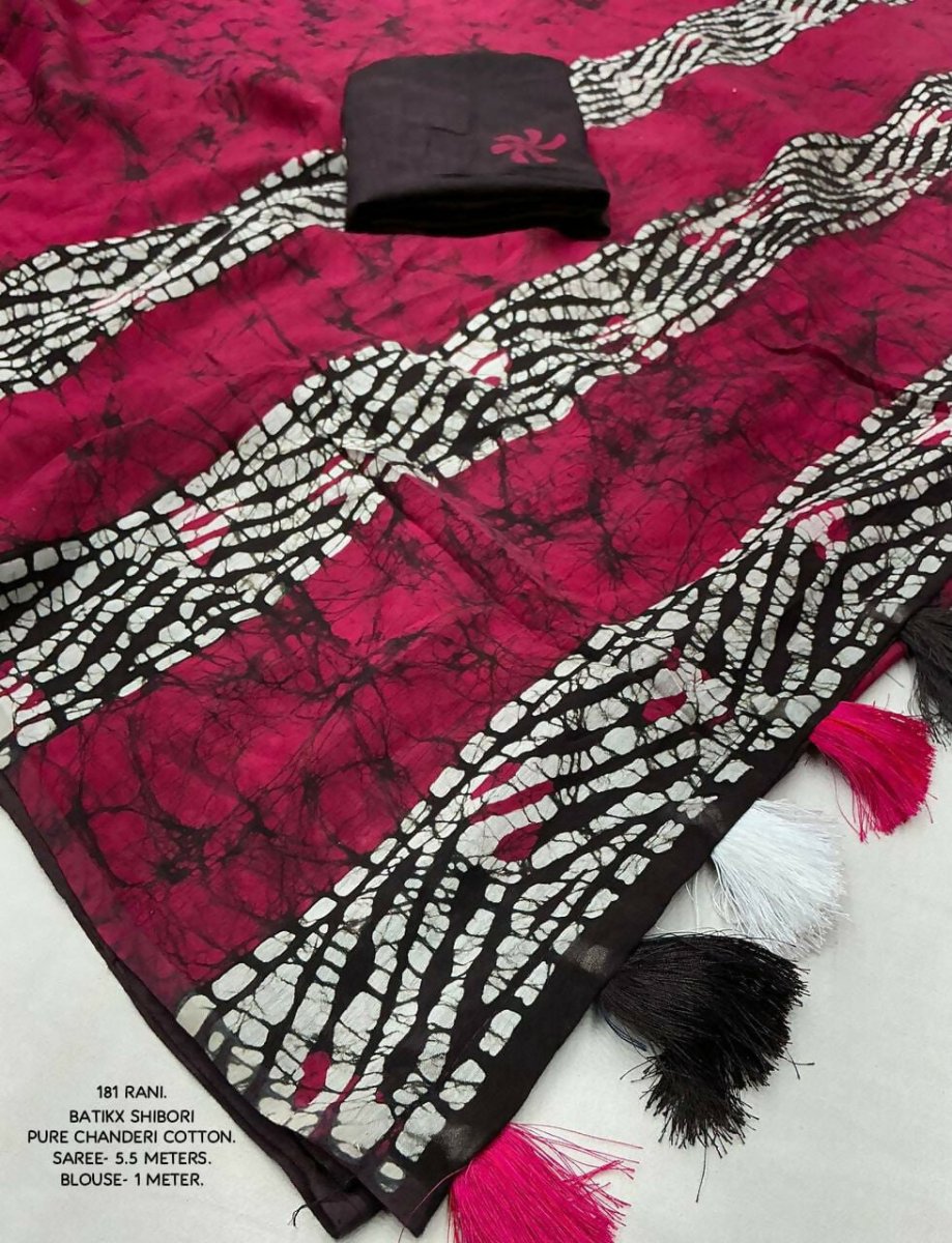 Arfa Fashion House Rani Pink Pure Chanderi Cotton Batik Printed Saree | Grocsy