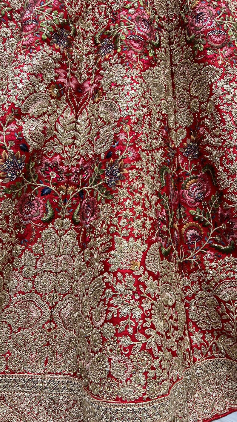 Jyoti Fashion Women's Red Silk Fancy Dori & Sequins Multi Thread Embroidered with Diamond Work Wedding Lehenga Choli | Grocsy