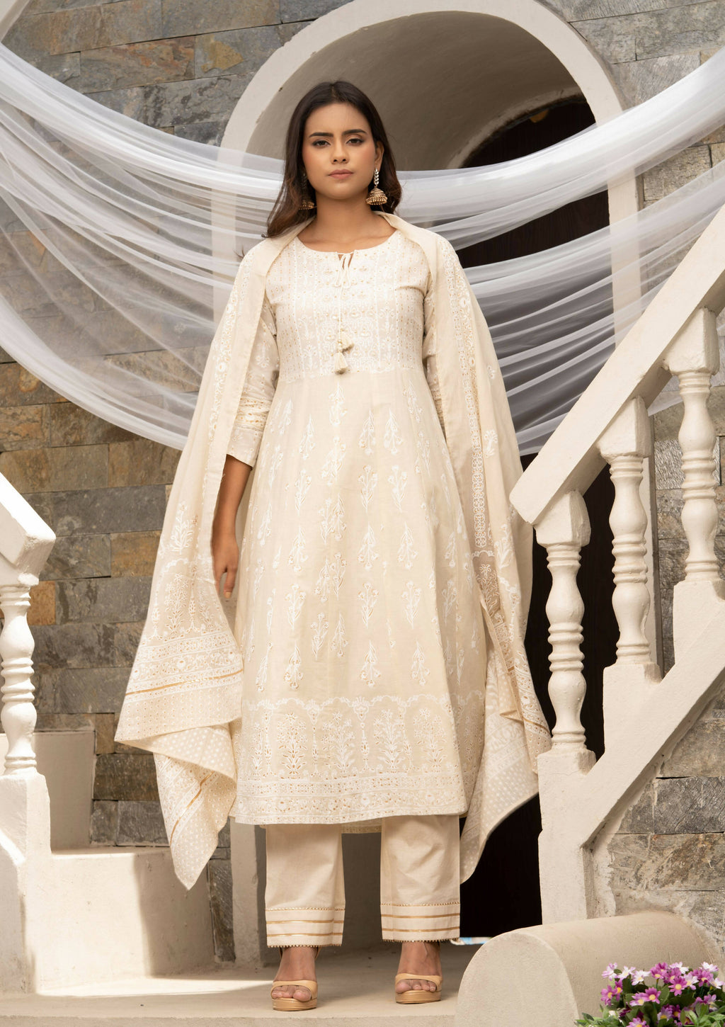 Off White Cotton Cambric Printed with Sequins work Anarkali Kurta with Pant & Dupatta - Akashara | Grocsy