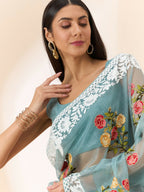 Blue Organza Floral Embroidered Saree with Unstitched Blouse Piece - Roozal | Grocsy