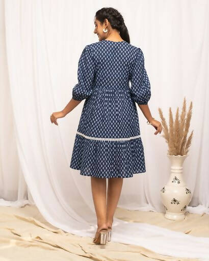 FIORRA Women's Blue Cotton Floral Printed Western Dress | Grocsy