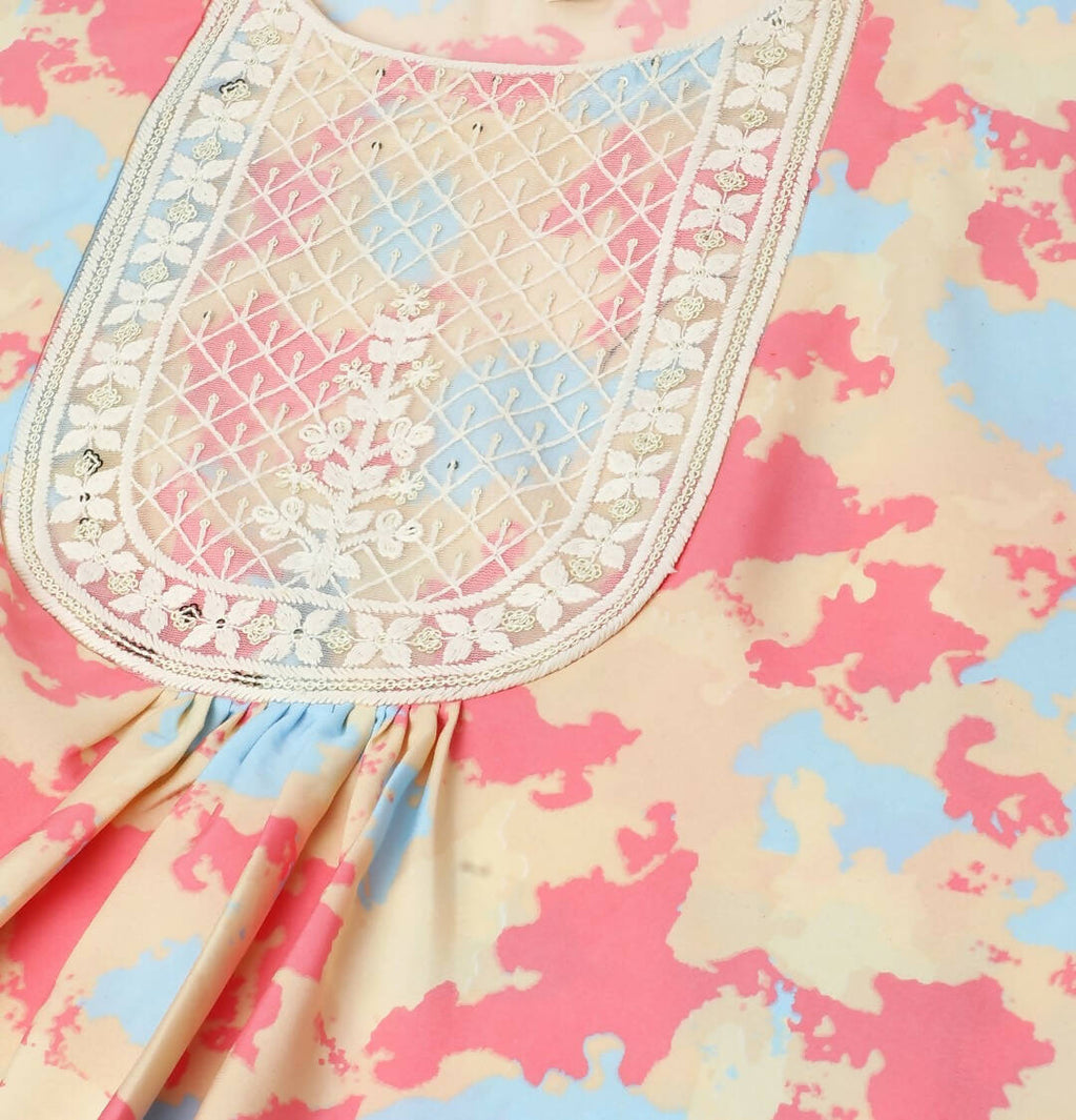 Beige & Pink Poly Crepe Digital Printed Top with Matching Bottom - Preeti | Grocsy