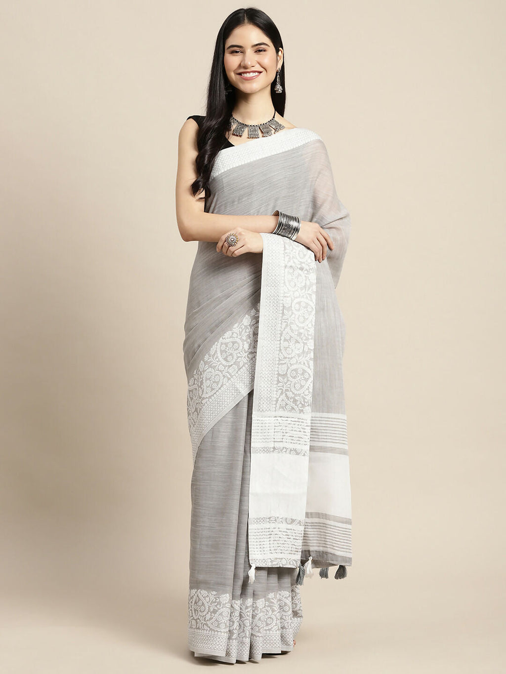Shree Shyam Fashion Linen Grey Saree | Grocsy