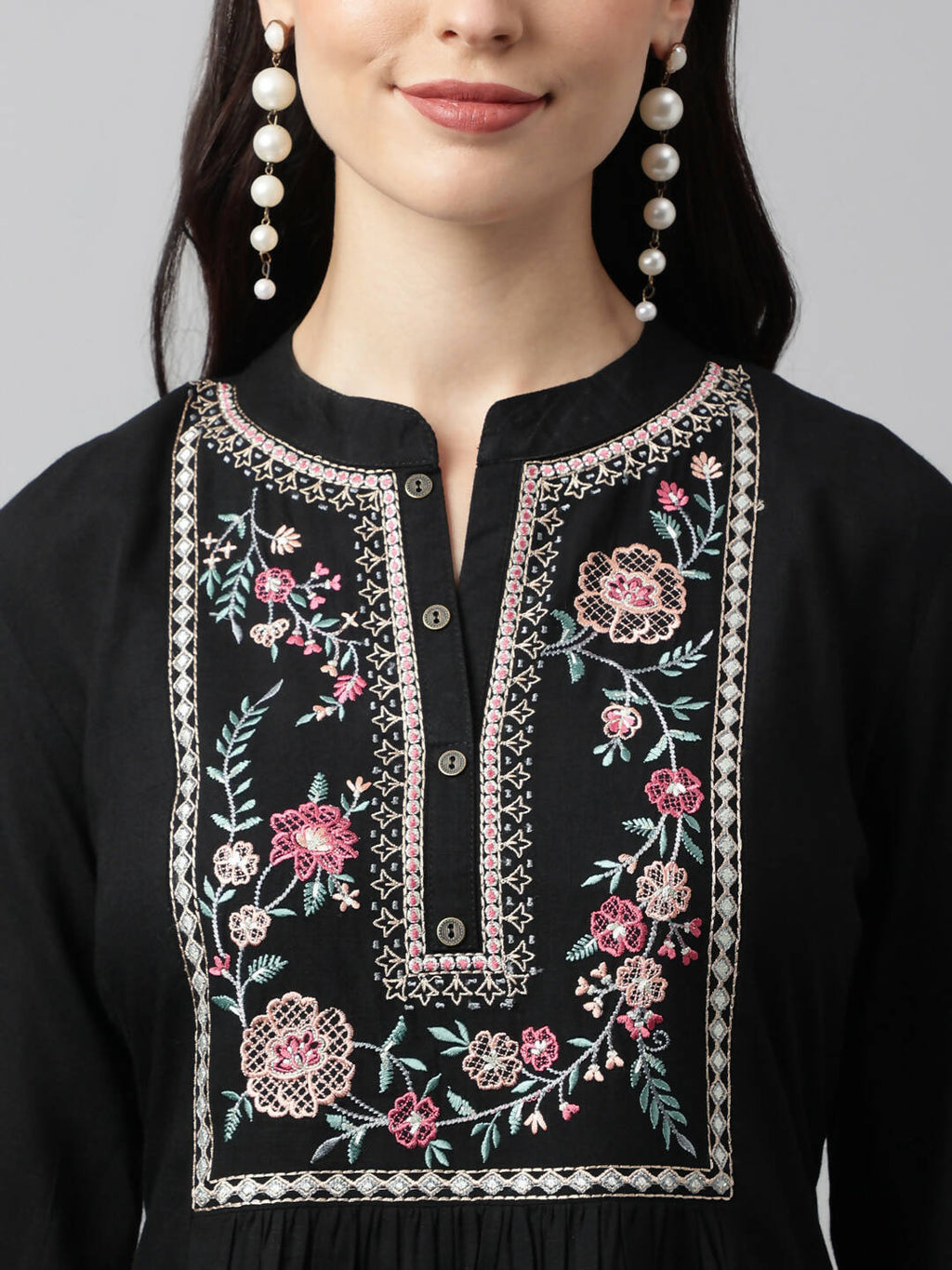 Black Rayon Yoke Embroidered A-line Top - Tarini | Grocsy