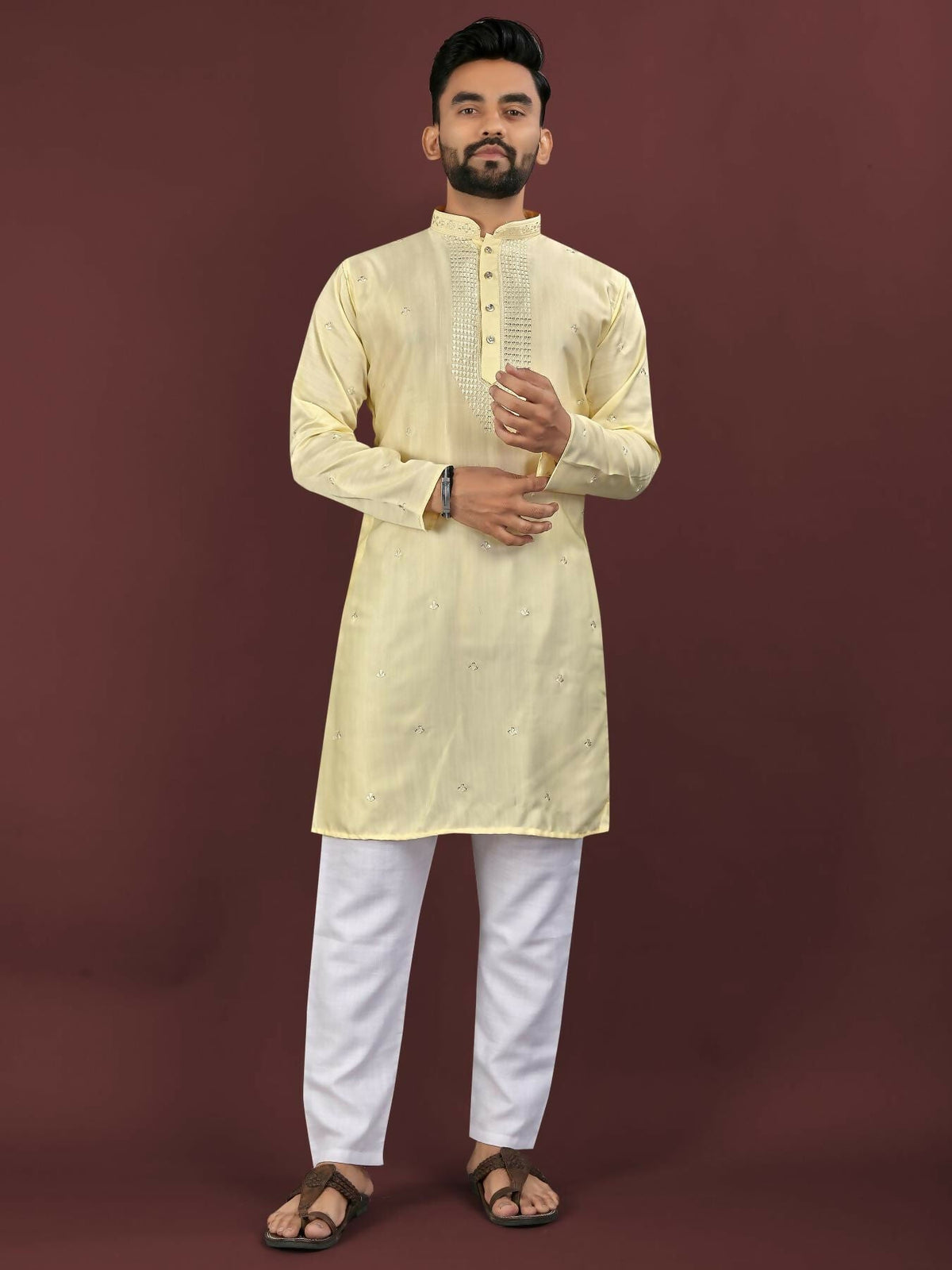 Anaita Yellow Embroidered Silk Straight Kurta | Grocsy