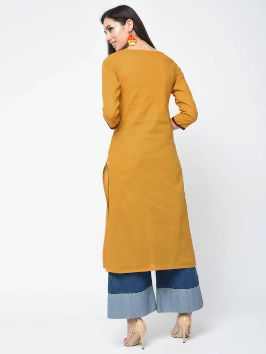 Aniyah Cotton Straight Mustard Color Kurta With Patchwork (AN-105K) | Grocsy