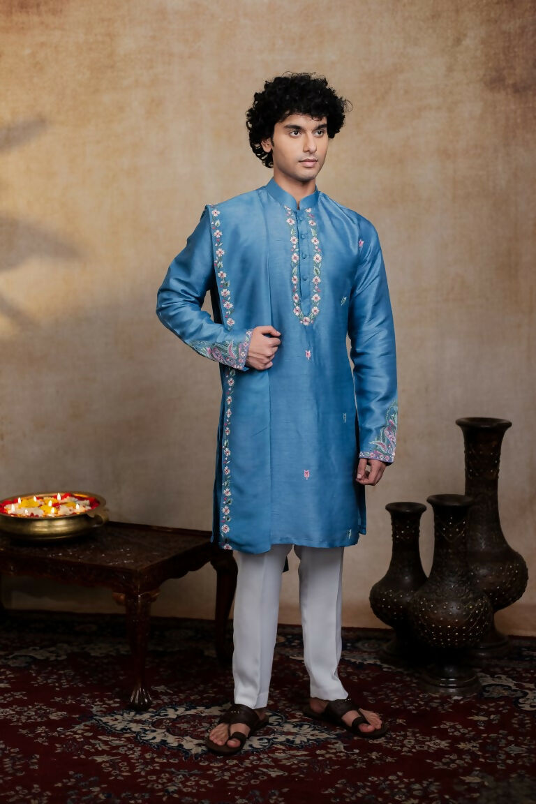 Falling Raw Silk Blue Varnika Kurta Set By Hilo Design | Grocsy