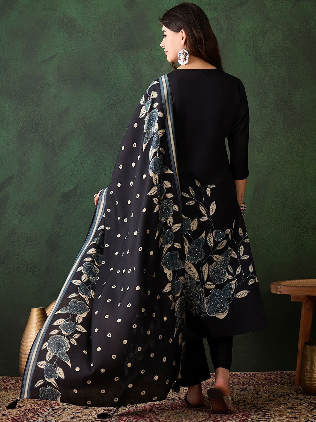 Sangria Floral Printed Sequinned V-Neck Straight Kurta & Trouser With Dupatta | Grocsy