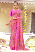 Pink Chiffon Printed Ivory Print and Zari work Saree with Unstitched Blouse Piece - Shanaya | Grocsy