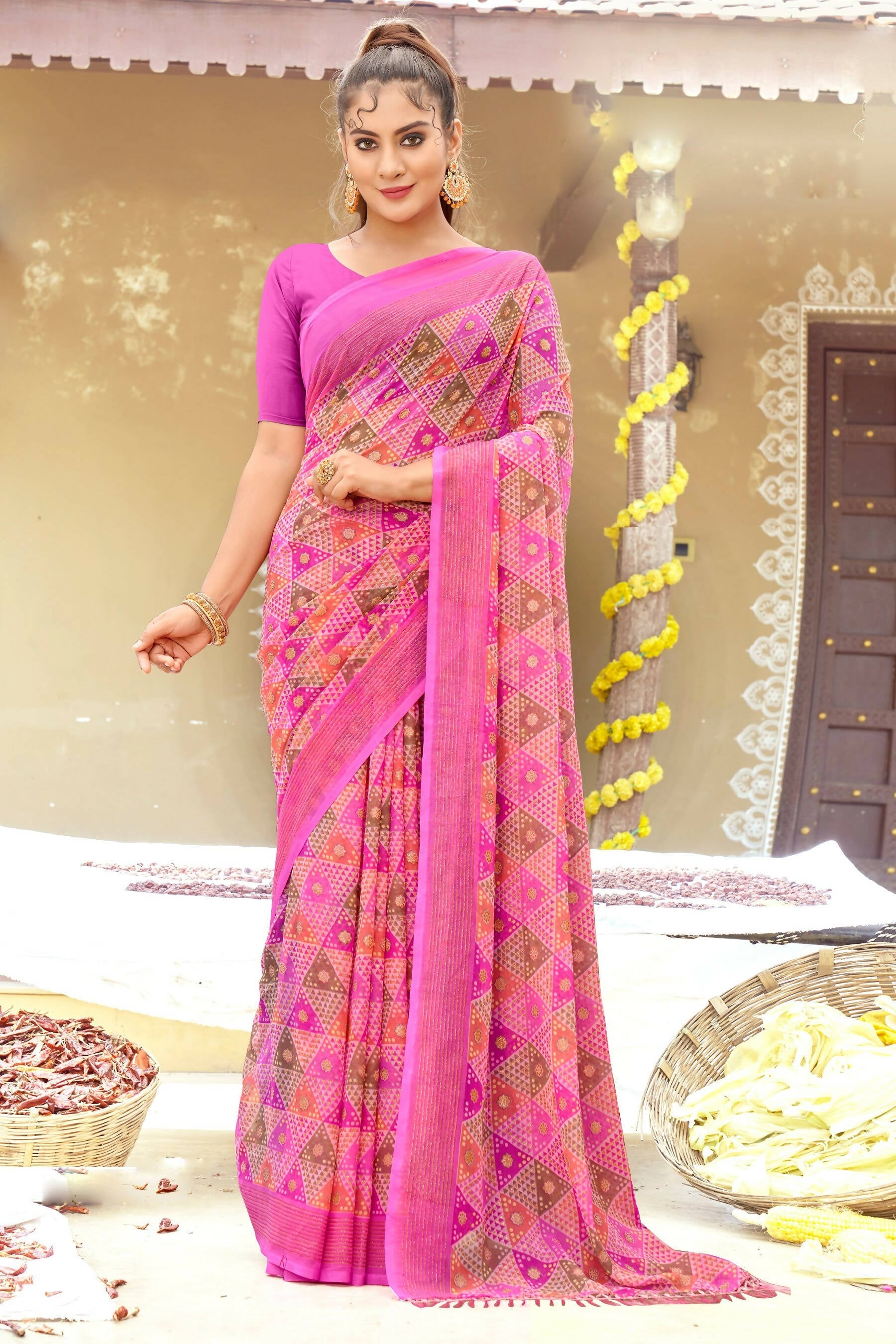 Pink Chiffon Printed Ivory Print and Zari work Saree with Unstitched Blouse Piece - Shanaya | Grocsy