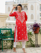 Kaajh Women's Red Chikhankari Embroidered Kurta Pant Set | Grocsy