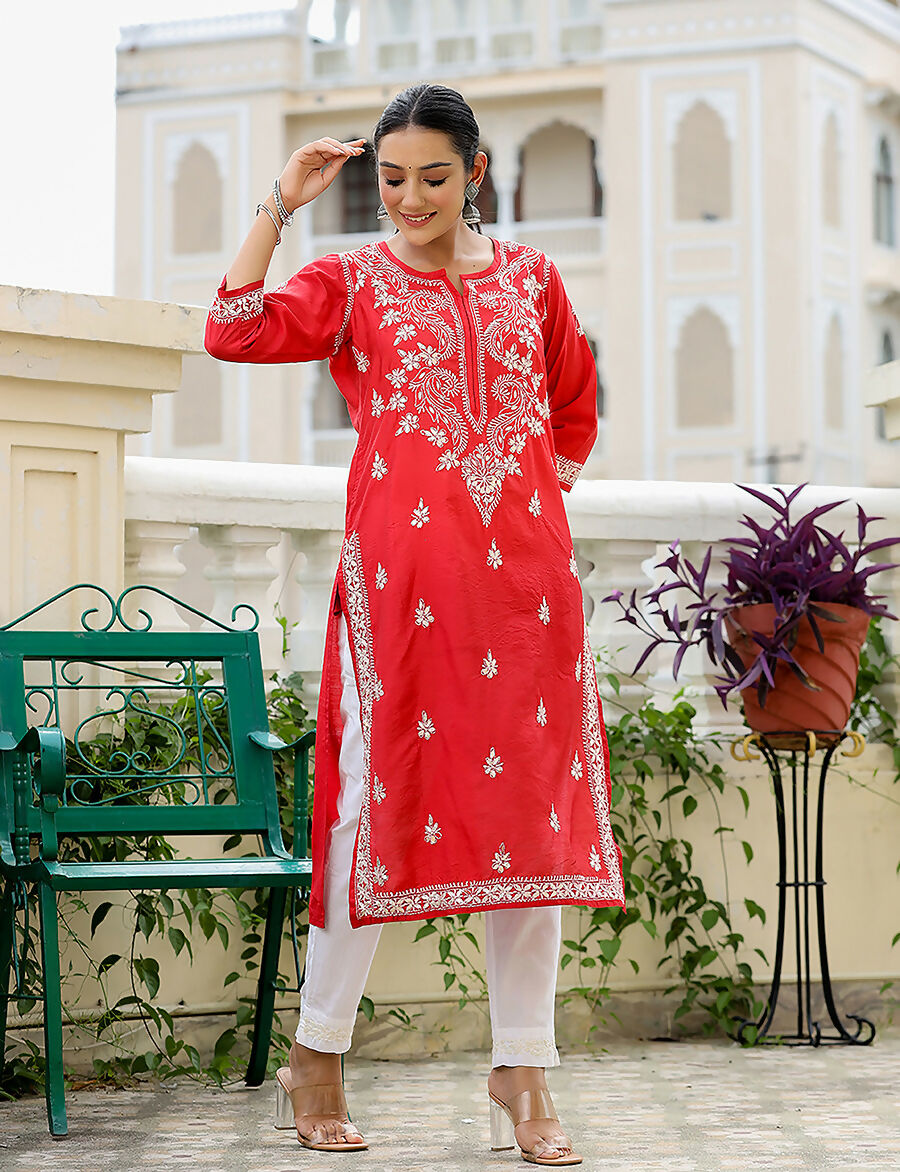 Kaajh Women's Red Chikhankari Embroidered Kurta Pant Set | Grocsy
