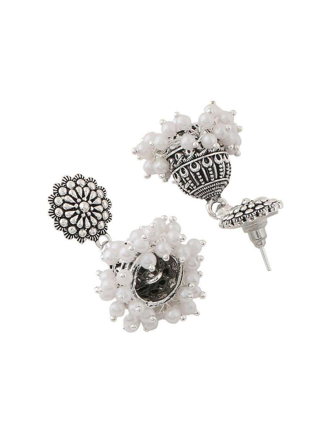 NVR Women Silver Toned Dome Shaped Jhumkas Earrings | Grocsy