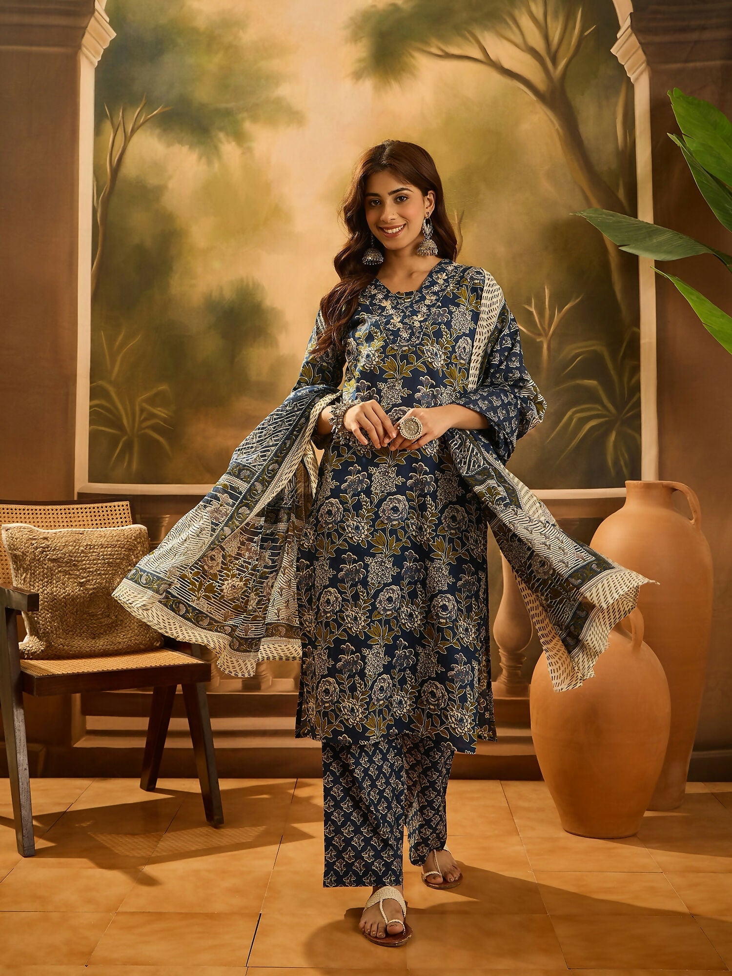 Joban Fashion Printed Navy Blue Pure Cotton Kurta Set | Grocsy
