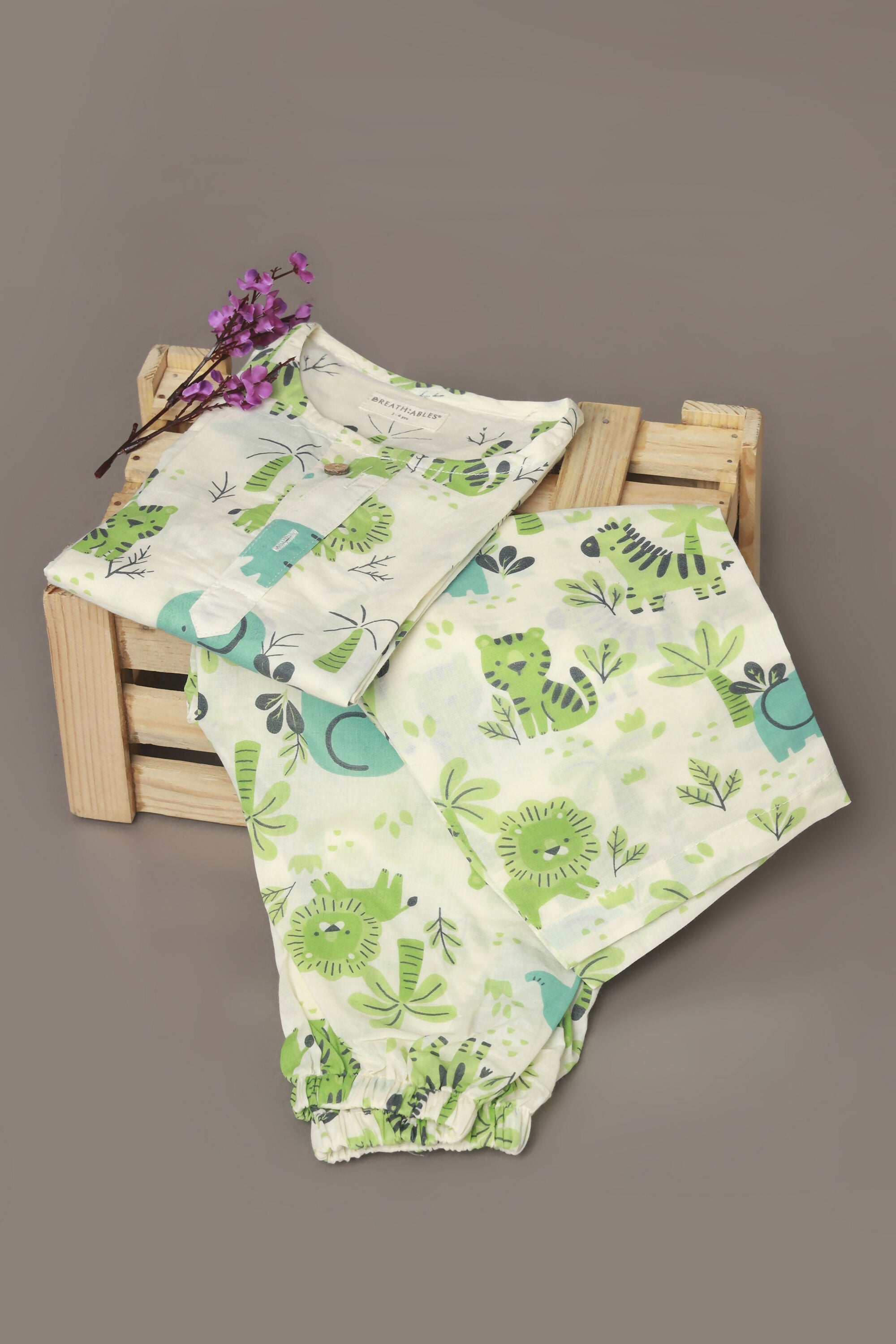 Breathables White Blue-Green Animal Cotton Nightsuit | Boys & Girls Kids | Grocsy